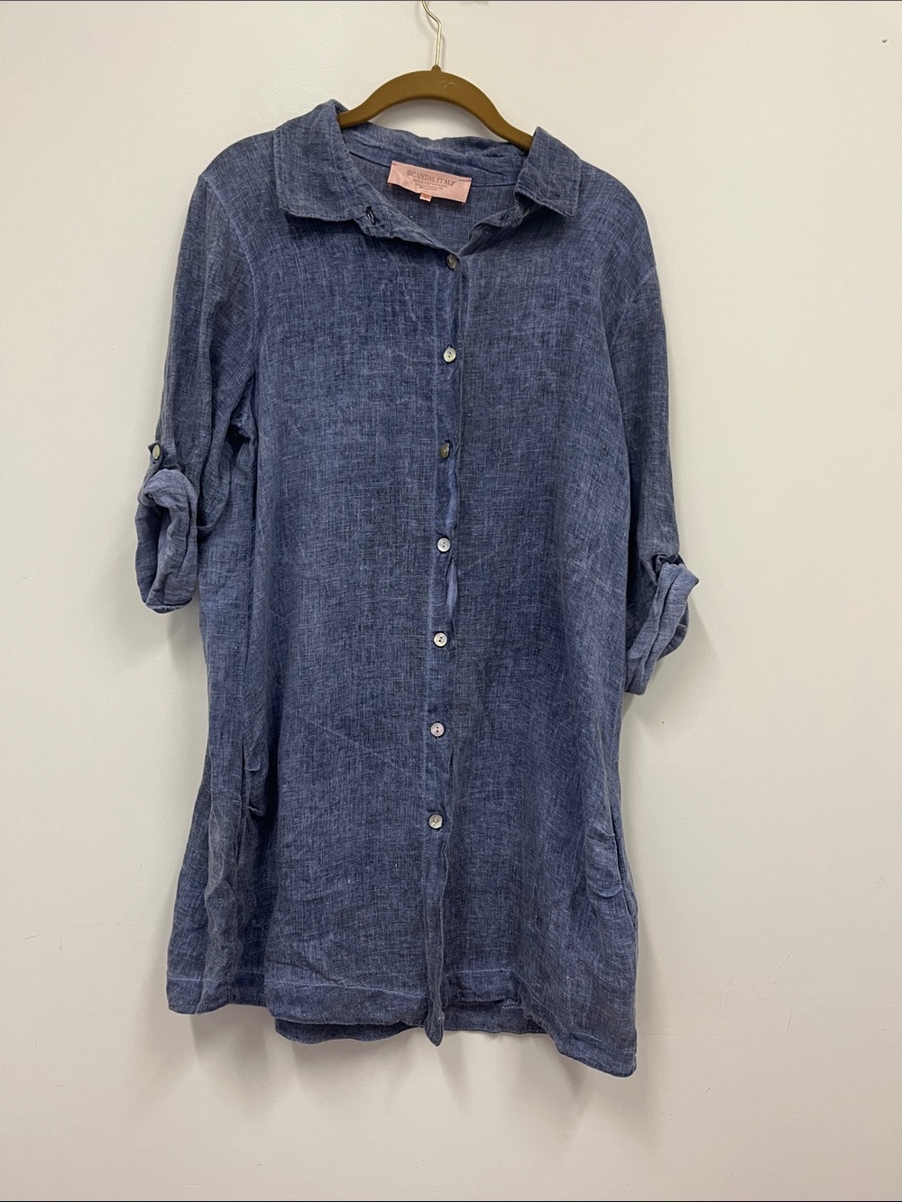 Scandal Italy Button-Front Linen Tunic in Denim Blue size M